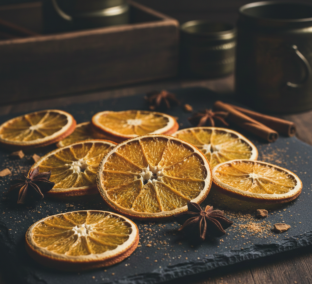 Dried orange slices and cinnamon sticks on a dark surface with a star anise.
