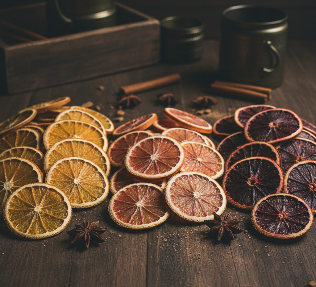 Dried citrus slices and cinnamon sticks on a wooden surface with a dark background.