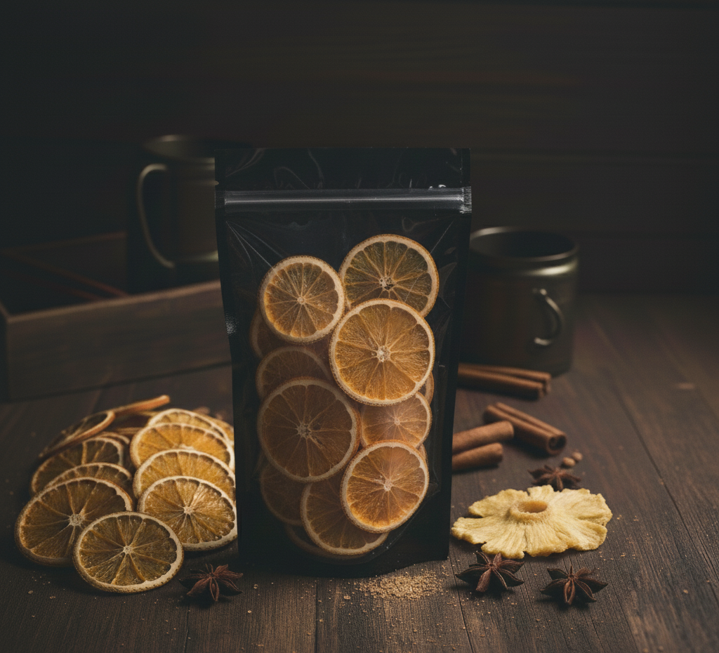 Packaged dried orange slices on a wooden surface with cinnamon sticks and star anise.